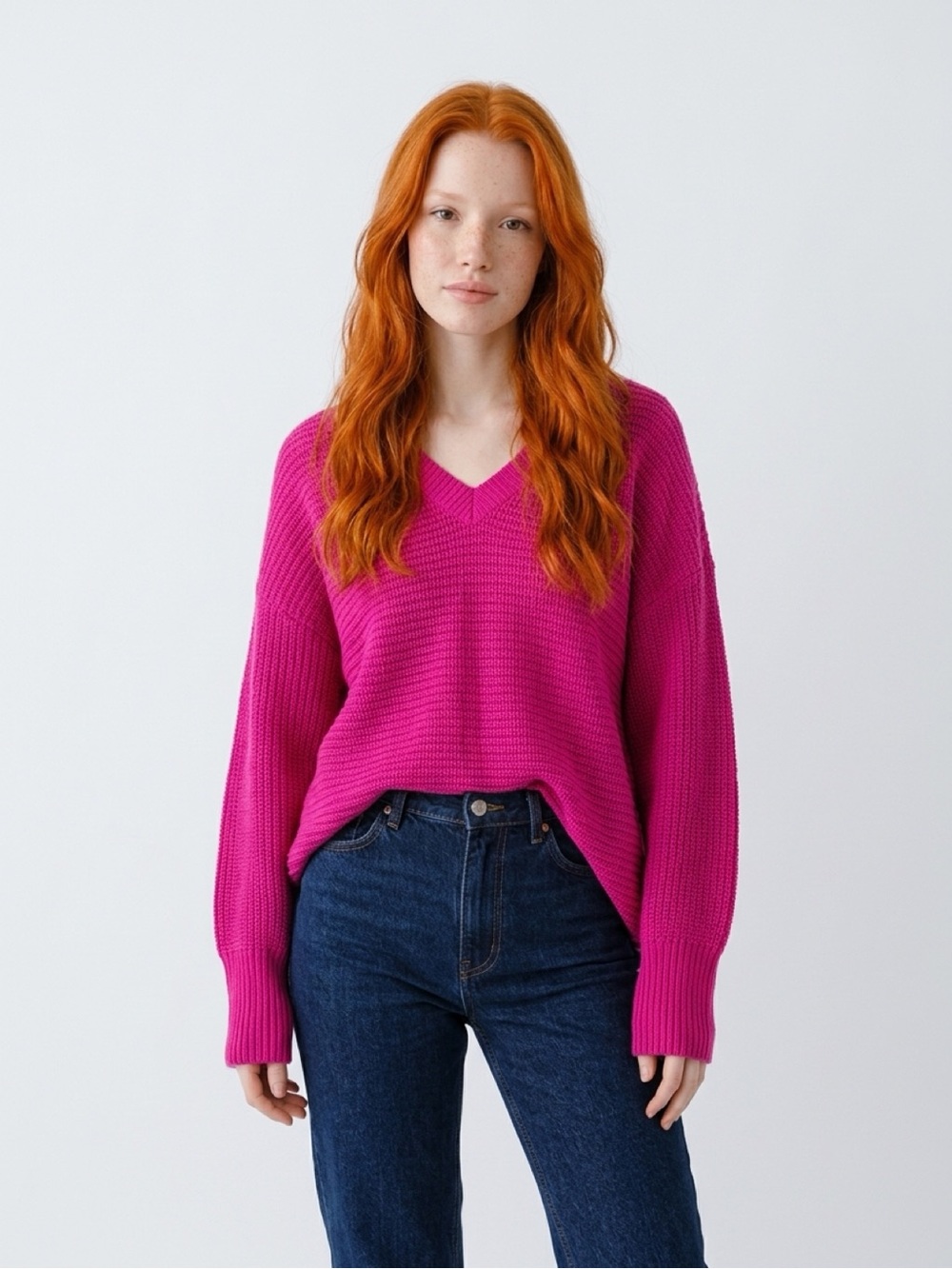 SHEIN Bright Fuchsia V-Neck Chunky Knit Sweater